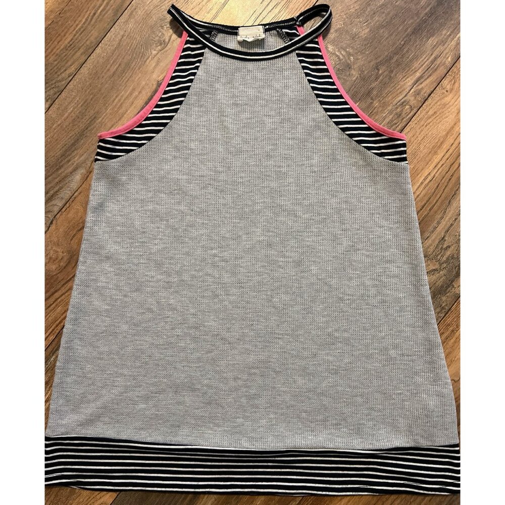 Lovely Melody Size Small Gray Waffle High Neck Tank with Black and Pink Trim